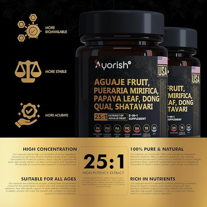 Aguaje Fruit Supplement1000mg 25:1 with Pueraria Mirifica, Papaya Leaf, Dong Quai, Shatavari, Wild Yam,Fenugreek Seed 120 Veg Capsules