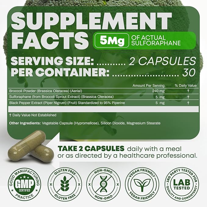 5000mcg of Real Lab-Verified Sulforaphane Supplement - Broccoli Seed Extract 250mg Supplements - Promotes Cognitive Function, Liver & Cellular Support - 60 Vegan Capsules/Pills