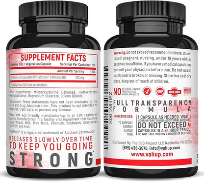 VALI Time Release Caffeine 100mg Capsules- Smart Slow Release for Extended Energy & Focus. Advanced Nootropic Supplement. Brain Booster Active Performance, Alertness & Clarity. 120 Veggie Capsules