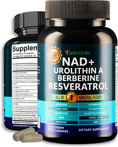 Adndale NAD Supplement for Women and Men. Longevity Formula with Liposomal NAD+, Trans Resveratrol, Urolithin-A, Berberine, CoQ10. NMN Supplement Alternative. 90 Count