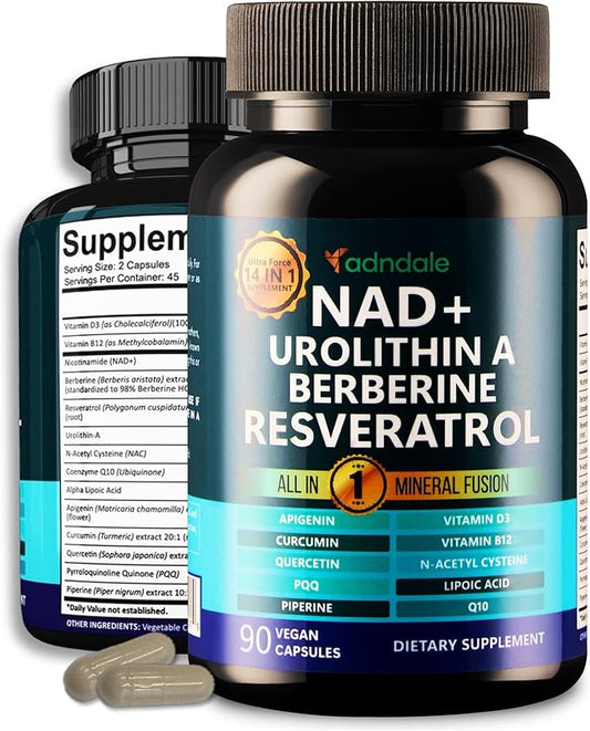 Adndale NAD Supplement for Women and Men. Longevity Formula with Liposomal NAD+, Trans Resveratrol, Urolithin-A, Berberine, CoQ10. NMN Supplement Alternative. 90 Count