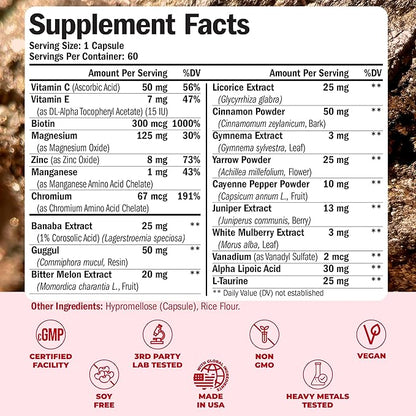 Vanadium with Chromium - Chromium Vanadium Supplement for Caffeine Free Energy and Metabolism Support. With Alpha Lipoic Acid, Cinnamon, Banaba Leaf & Bitter Melon Fruit. Non-GMO. Vegan. 60 Capsules