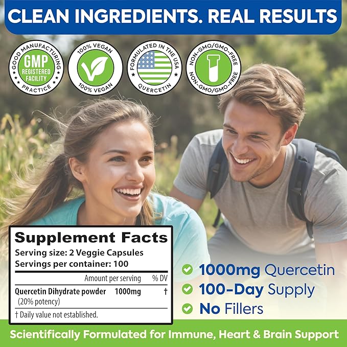 1000mg Quercetin - 200 Capsules | Immune Support, Antioxidant for Seasonal Sinus Relief & Cardiovascular Health | Maintains Inflammatory & Immune Responses | Men & Women