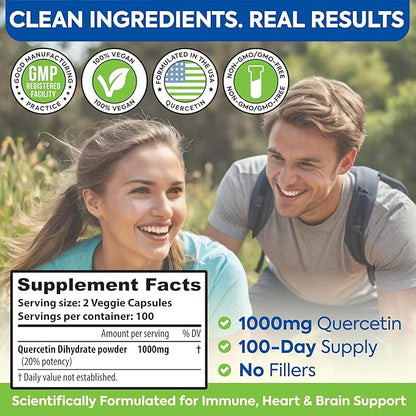 1000mg Quercetin - 200 Capsules | Immune Support, Antioxidant for Seasonal Sinus Relief & Cardiovascular Health | Maintains Inflammatory & Immune Responses | Men & Women