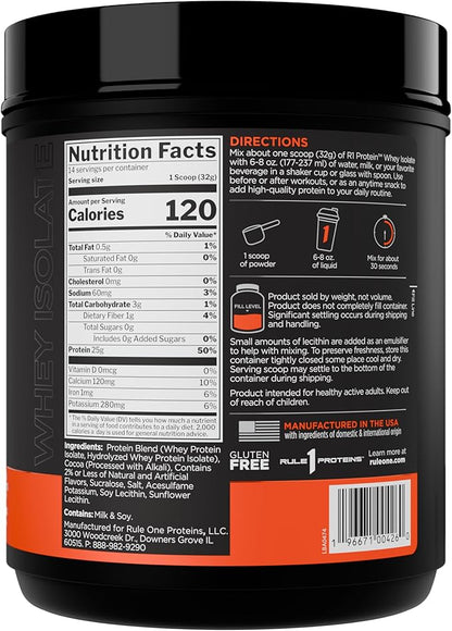 Rule 1 R1 Protein Whey Isolate - with 25g Protein & 6g BCAA Exclusively from Isolated & Hydrolyzed Sources for Workout Recovery (1 Pound*, Chocolate Fudge)