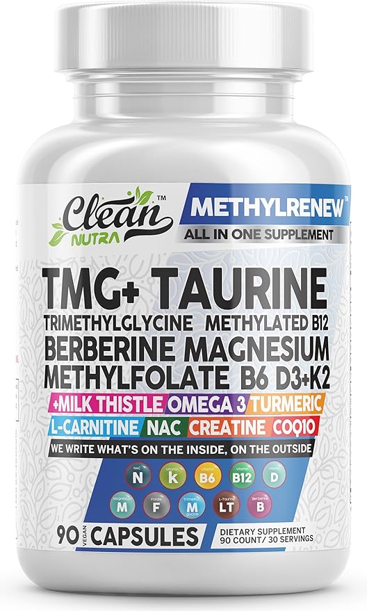 Clean Nutra Methylated Multivitamin for Women Men TMG Taurine Supplement + B6 Vitamins, B12, D3 K2, Magnesium Methylfolate Milk Thistle Omega 3 Turmeric NAC L Carnitine Creatine COQ10 B Complex Caps