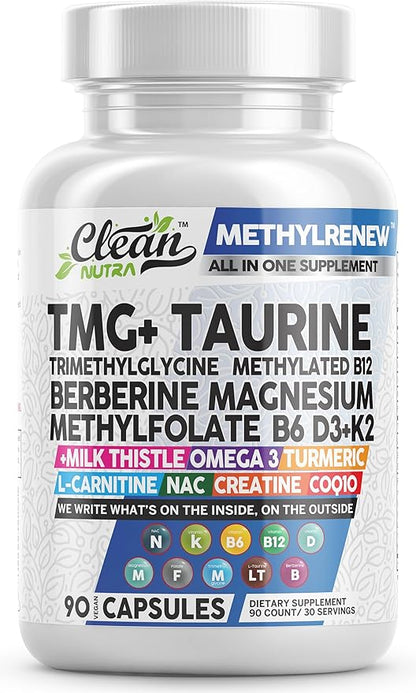 Clean Nutra Methylated Multivitamin for Women Men TMG Taurine Supplement + B6 Vitamins, B12, D3 K2, Magnesium Methylfolate Milk Thistle Omega 3 Turmeric NAC L Carnitine Creatine COQ10 B Complex Caps