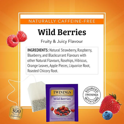 Twinings Wild Berries Herbal Tea Individually Wrapped Bags, 20 Count (Pack of 1), Full-Flavoured, Naturally Caffeine-Free, Enjoy Hot or Iced, 20 Teabags
