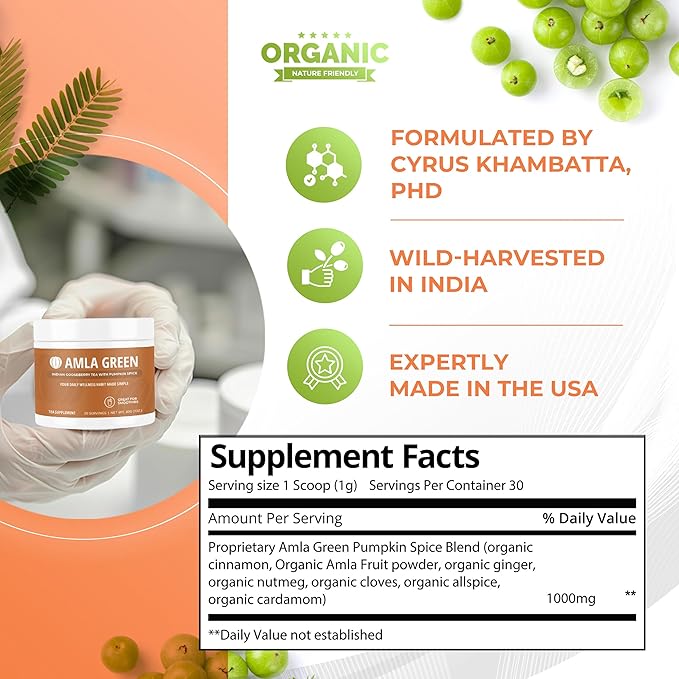 Amla Powder Superfood Supplement with Pumpkin Spice, 20x Ultra Concentrated Amla, Made with Cinnamon, Ginger, Nutmeg, Cloves, Allspice, Cardamom, Indian Gooseberries, Pumpkin Spice, 90 Servings