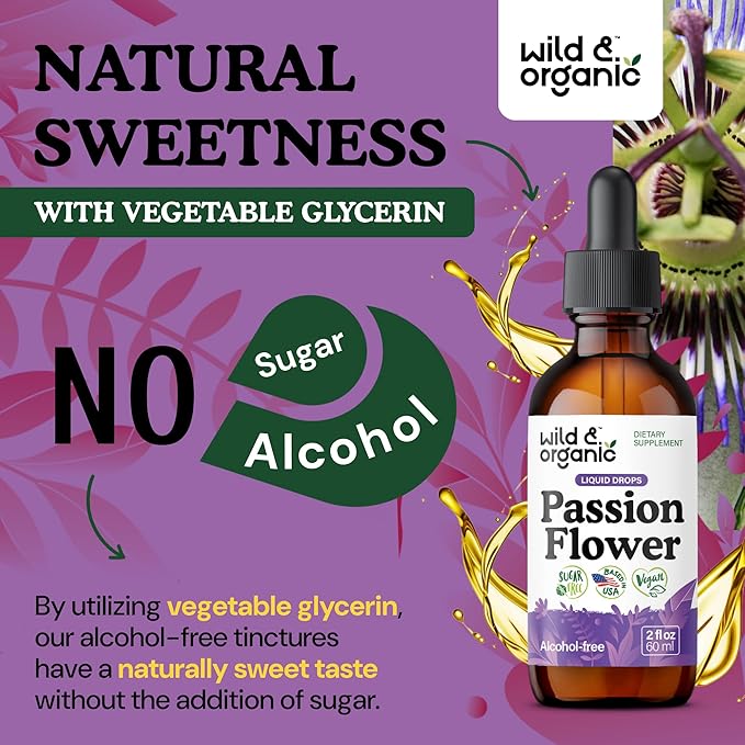 Wild & Organic Passionflower Tincture - Relaxing Passion Flower Drops for Women - Liquid Passiflora Incarnata Herb - Vegan, Sugar & Alcohol-Free Extract Supplement - 2 fl oz