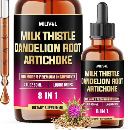 8in1 Milk Thistle Liquid Drops with Dandelion Root Extract, Artichoke Tincture, Turmeric Curcumin, Schisandra Berry, Chanca Piedra, Peppermint and Beet Root - 60 Days Supply - 2 Fl Oz