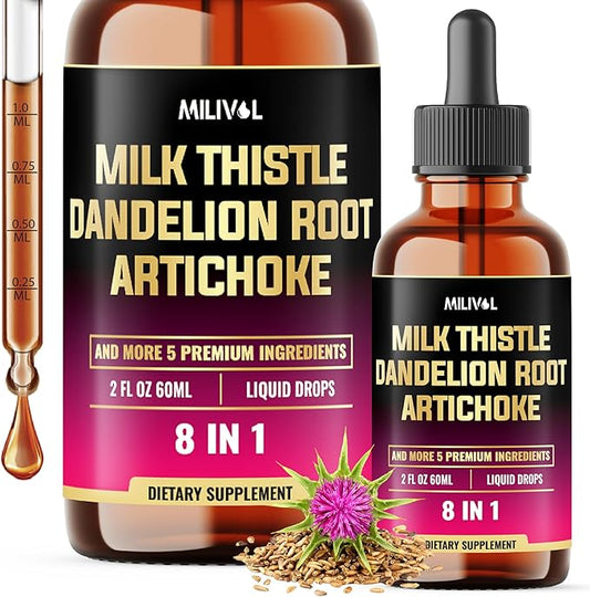 8in1 Milk Thistle Liquid Drops with Dandelion Root Extract, Artichoke Tincture, Turmeric Curcumin, Schisandra Berry, Chanca Piedra, Peppermint and Beet Root - 60 Days Supply - 2 Fl Oz