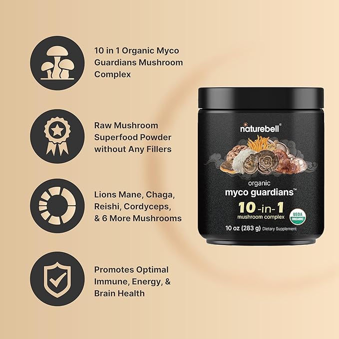 NatureBell Organic Mushroom Powder, 10oz | 10-in-1 Adaptogenic Blend with Lion’s Mane, Reishi, Shiitake, Chaga & More | Supports Energy, Focus & Immune Health | Great for Coffee, Smoothies & Recipes