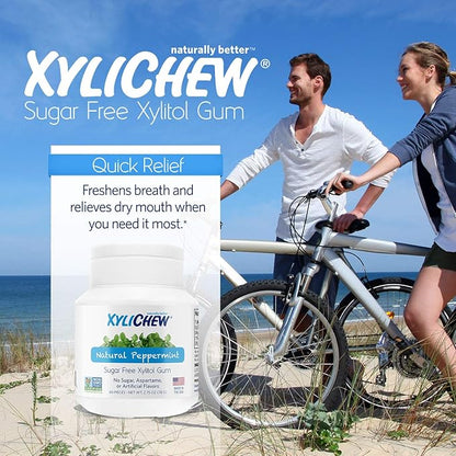 Xylichew 100% Xylitol Chewing Gum - Non GMO, Non Aspartame, Gluten Free, and Sugar Free Gum - Natural Oral Care, Relieves Bad Breath and Dry Mouth - Peppermint, 60 Count