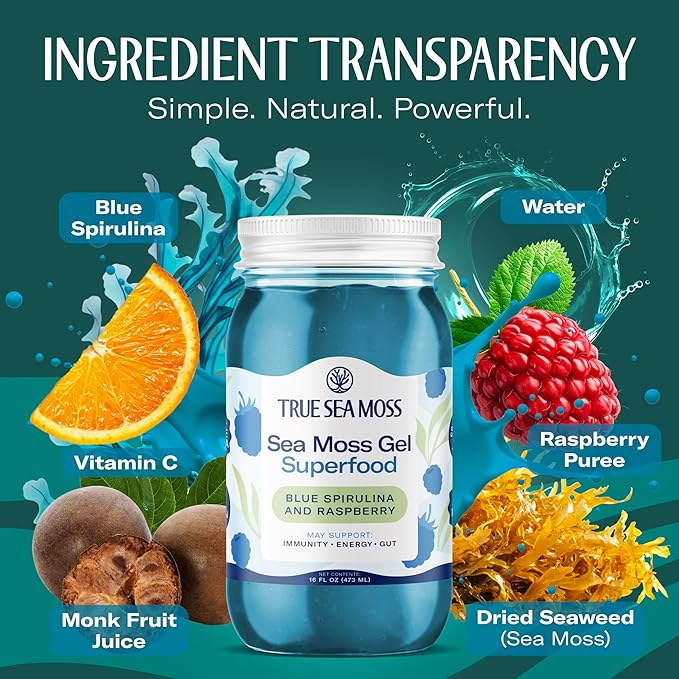 TrueSeaMoss Sea Moss Gel – Made in USA – Wildcrafted Seamoss, Fresh Fruits & Sea Vegetables – Blue Spirulina, Pack of 1 (Labels may Vary)