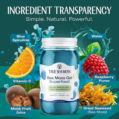 TrueSeaMoss Sea Moss Gel – Made in USA – Wildcrafted Seamoss, Fresh Fruits & Sea Vegetables – Blue Spirulina, Pack of 1 (Labels may Vary)