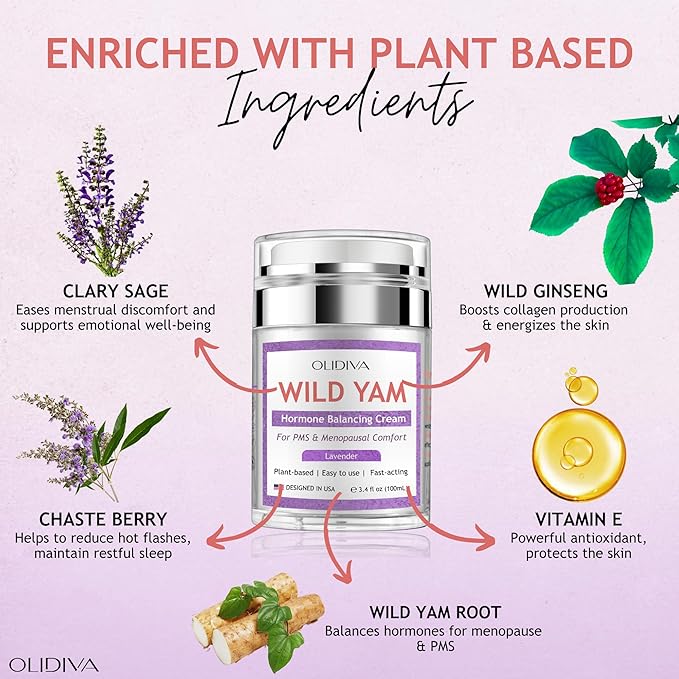 Wild Yam Cream, Hormone Balance for Women, Natural Estrogen & Progesterone-Free Hormone Support, For PMS & Menopausal Comfort, Day&Night Cream for Hot Flashes & Night Sweats, Lavender (3.4 oz)
