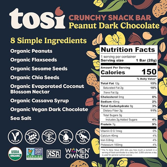 Tosi Peanut Dark Chocolate Protein Bars (8G) - Plant Based Healthy Snacks, Gluten-Free Crunchy Snacks, Vegan & Organic, Flax & Chia Seeds, Soy-Free, Omega 3s, 1 oz, 12-Pack
