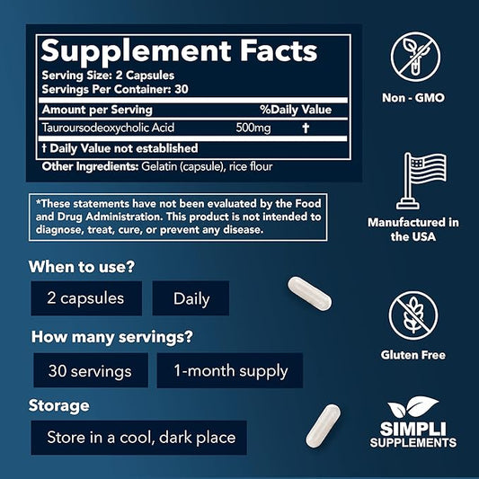 TUDCA 500mg per Serving | 60 Capsules (30 Day Supply) | Tauroursodeoxycholic Acid for Your Liver | Powerful Tudca Supplement