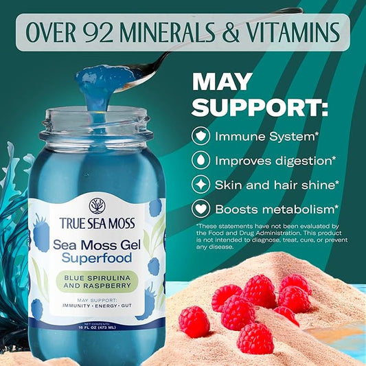 TrueSeaMoss Sea Moss Gel – Made in USA – Wildcrafted Seamoss, Fresh Fruits & Sea Vegetables – Blue Spirulina, Pack of 2 (Labels May Vary)