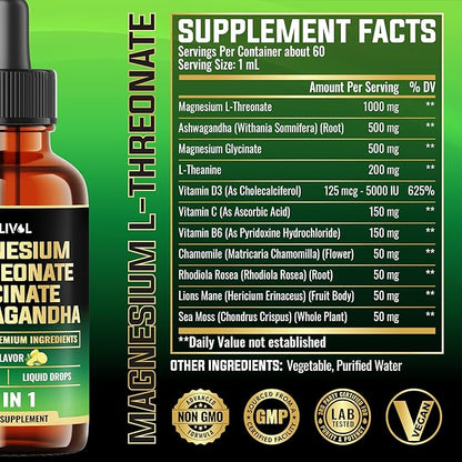 10in1 Magnesium L-Threonate Liquid Drops with Magnesium Glycinate, Ashwagandha, Vitamin D3, C, B6 & 4 Other Ingredients - 2 Fl Oz - Lemon Flavor