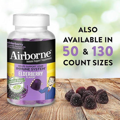 Airborne Elderberry + Zinc & Vitamin C Gummies for Adults, Immune Support with Antioxidants Vitamins C, D & E, 130 Count, Elderberry Flavor