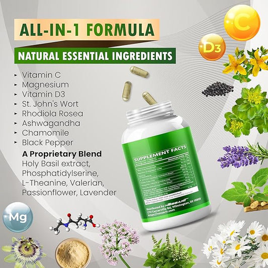 ST John's Wort 14-in-1 Natural Blend with Rhodiola Ashwagandha Chamomile Holy Basil L-Theanine Valerian Passionflower - 150 Count - Made & Tested in The USA