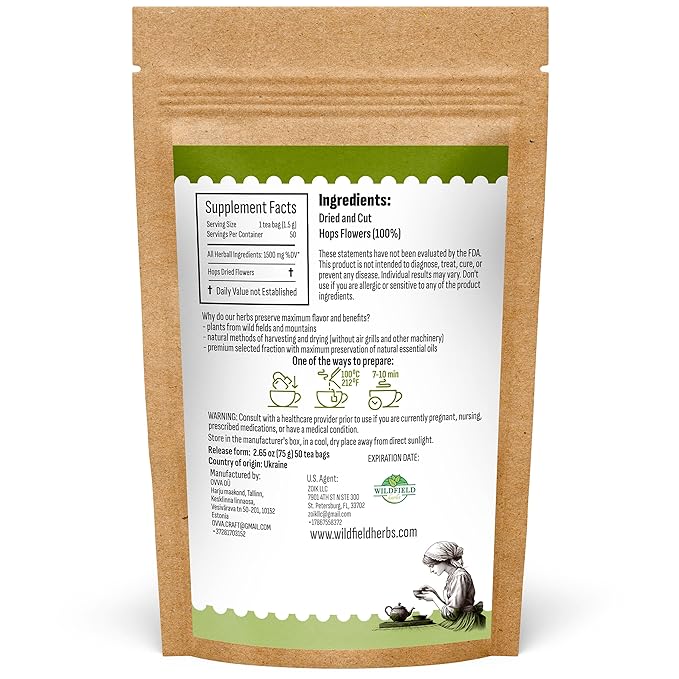 50 Bags Hop Tea Hops Herb Dried Hops Flowers Herbal Tea (Humulus Lupulus) - 50 Count 1.5g Bags Hoptea Lupulo Entero