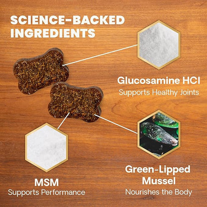 VetriScience Extra Strength Healthy Hip & Joint Chews, GlycoFlex Glucosamine and Green-Lipped Mussel Joint Support Supplement for Dogs, Promote Mobility & Soothe Joint Discomfort, Chicken, 60 Count