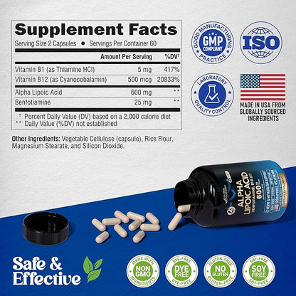 Alpha Lipoic Acid 600mg - ALA Supplement Antioxidant for Nerve, Energy & Metabolism Support - Extra Strength with Benfotiamine, B1 & B12 - Lab Tested, Non-GMO & Vegan - 120 Capsules, 2 Month Supply