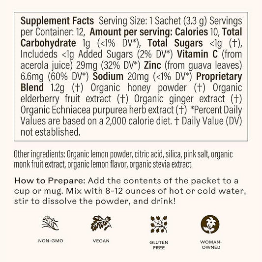 Wooden Spoon Herbs - Refreshing Lemon-Ginger Immune Support Drink Mix | Includes Immunity Boosting Organic Elderberry, Echinacea, Plant-Sourced Zinc & Vitamin C | 10 On-The-Go Sachets (1 Carton)