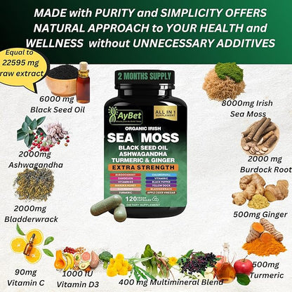 Organic Irish Sea Moss, Black Seed Oil, Ashwagandha, Turmeric,Ginger Capsule, Bladderwrack, Burdock, VIT C&VIT D3, Elderberry, Manuka Honey, Dandelion, Yellow Dock, Apple Cider Vinegar, Halal, Vegan