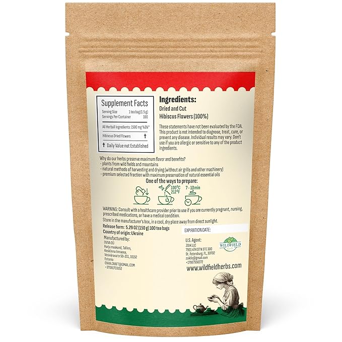 100 Bags Dried Hibiscus Flower Tea Herbal Flor De Jamaica (Hibiscus) - 100 Count 1.5g Tea Bags Dry Dried Hibiscus Flowers Herb Hibisko