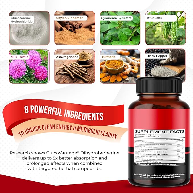 8 in 1 Dihydroberberine Supplement - Per Capsule Provides - Support Digestion, Immunity - with Ceylon Cinnamon, Milk Thistle, Turmeric, Bitter Melon