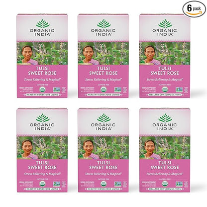 Organic India Tulsi Sweet Rose Herbal Tea - Stress Relieving & Magical, Immune Support, Adaptogen, Vegan, Gluten-Free, USDA Certified Organic, Non-GMO, Caffeine-Free - 18 Infusion Bags, 6 Pack
