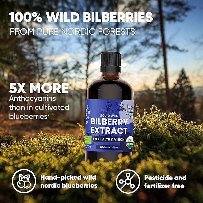 Wild Bilberry Extract for Eyes USDA Organic 3.4oz Bottle of Liquid Bilberry Anthocyanin Alcohol-Free European Blueberry Bilberry Supplement for Eyes High Bioavailability Liquid Extract