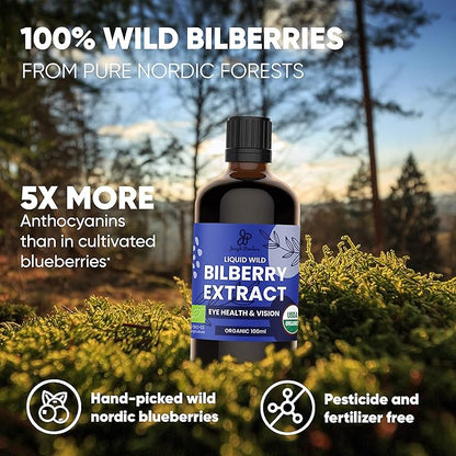Wild Bilberry Extract for Eyes USDA Organic 3.4oz Bottle of Liquid Bilberry Anthocyanin Alcohol-Free European Blueberry Bilberry Supplement for Eyes High Bioavailability Liquid Extract
