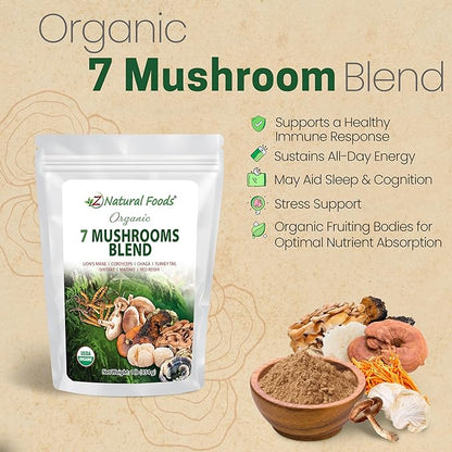 Z Natural Foods Organic 7 Sacred Mushrooms Blend - Mushroom Powder for Immune Health - Lion’s Mane, Cordyceps, Chaga, Red Reishi, Shiitake, Maitake & Turkey Tail Extract for Coffee, Smoothies, 1 lb
