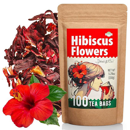 100 Bags Dried Hibiscus Flower Tea Herbal Flor De Jamaica (Hibiscus) - 100 Count 1.5g Tea Bags Dry Dried Hibiscus Flowers Herb Hibisko