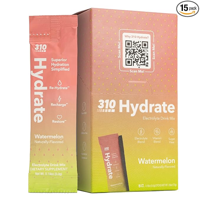 310 Hydrate Electrolyte Powder Packets – Sugar-Free Drink Mix with Electrolytes & B Vitamins – Keto Friendly Hydration – 15 Single Serve Sticks, Watermelon Flavor