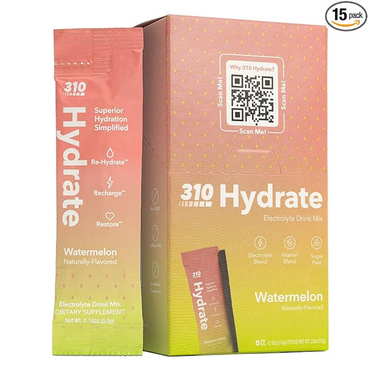 310 Hydrate Electrolyte Powder Packets – Sugar-Free Drink Mix with Electrolytes & B Vitamins – Keto Friendly Hydration – 15 Single Serve Sticks, Watermelon Flavor