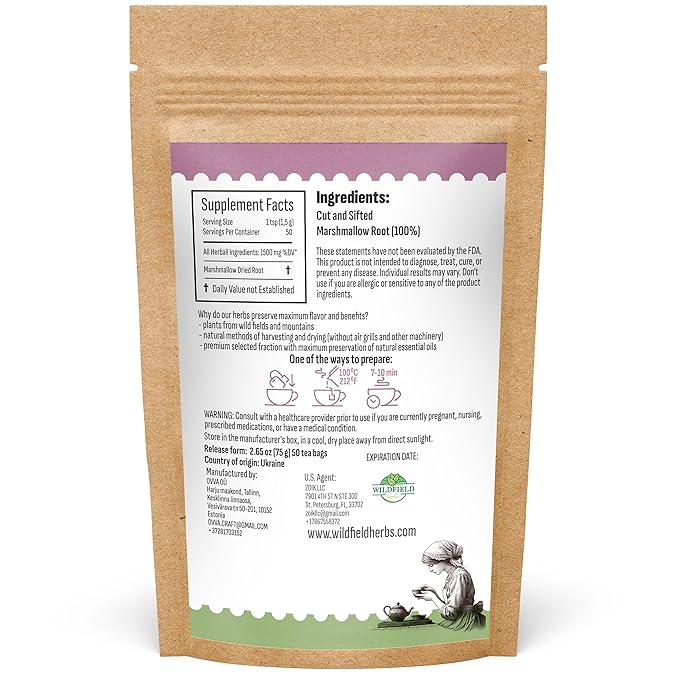 50 Bags Dried Marshmallow Root Tea Marshmallow Root Herb Herbal Tea (Althaea Officinalis) - 50 Count Bags Cut Sifted Herb Raíz De Malvavisco