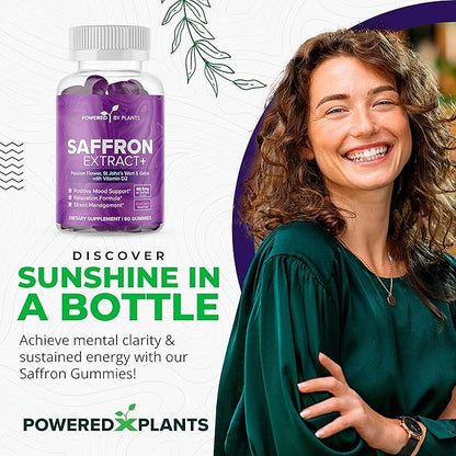 Saffron Extract Gummies with Passionflower & Vitamin D2 - Saffron Supplements for Mood Support, Digestion, & Energy 60 Servings