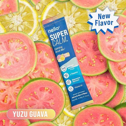 Supercalm Drink Mix - Ashwagandha KSM 66, Magnesium Glycinate & L-Theanine Supplement, Vitamin D3 - Ashwagandha Root Extract - Focus and Relaxation Support (20 Travel Packets) - Yuzu Guava