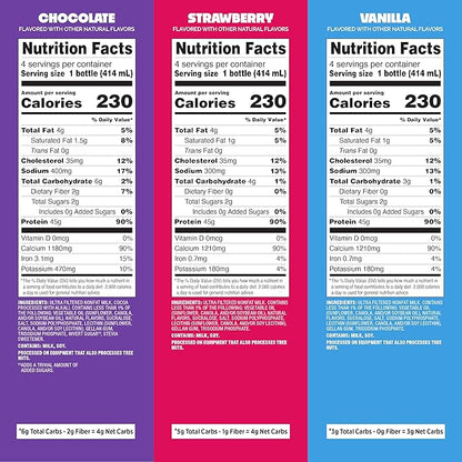 Quest Nutrition Protein Shake, Vanilla, Strawberry, & Chocolate, 45g Protein, 2g Sugar, Ready to Drink, Gluten Free, 12 Count (4 each Flavor)
