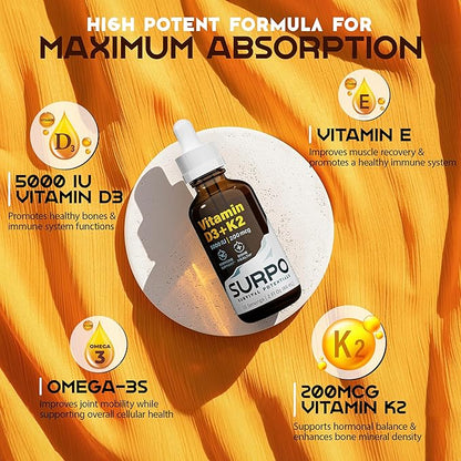 Vitamin D3 + K2 Liquid Drops with Omega 3 Oil - 5000 IU Vitamin D Drops K2 for Hormone Support & Bone Health - Liquid Vitamin D3 with K2 Drops for Maximum Absorption - 2Fl Oz Vitamin K2 D3