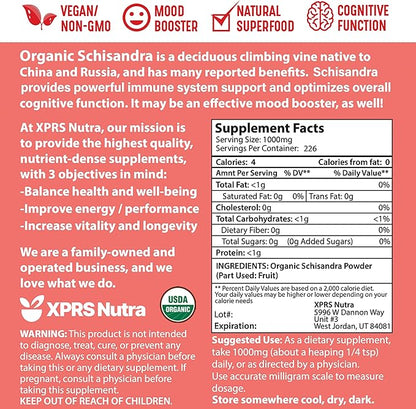XPRS Nutra Organic Schisandra Berry Powder Extract - Premium USDA Organic Schisandra Powder for Cognition and Immunity - Vegan Friendly Berry Superfood (8 oz)