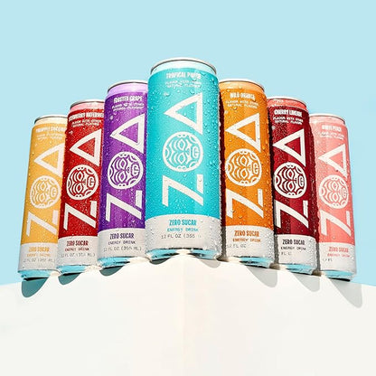 ZOA Zero Sugar Energy Drinks, Tropical Punch - Sugar Free with Electrolytes, Healthy Vitamin C, Amino Acids, Essential B-Vitamins, and Caffeine from Green Tea - 12 Fl Oz (12-Pack)