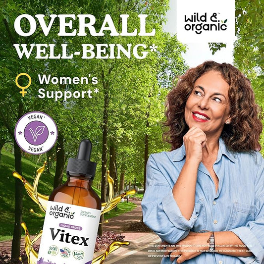 Wild & Organic Vitex Tincture - Vitex Chasteberry Supplement for Women - Liquid Chaste Tree Berry Extract for Good Mood - Vegan, Sugar & Alcohol-Free Herb Drops - 4 fl oz