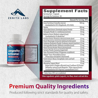 Zenith Labs Longevity Activator Anti-Aging Supplement Dietary Supplement, Natural Antioxidants with Resveratrol - Supports Immune Function and Healthy Memory, 3 Pack